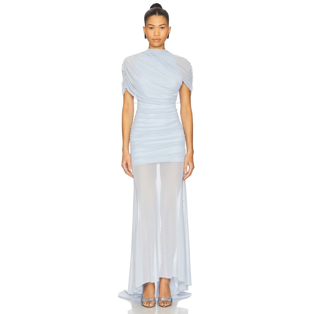 Amanda Uprichard Light Blue Mesh Ruched High Neck Maxi Gown Dress Size L